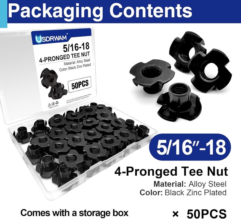 Usdrwam 50 Pack 5/16"-18 T Nuts for Wood, Black Carbon Steel 4-Prong Tee Nuts for Furniture, Cabinets, and Rock Climbing Holds - Image 3